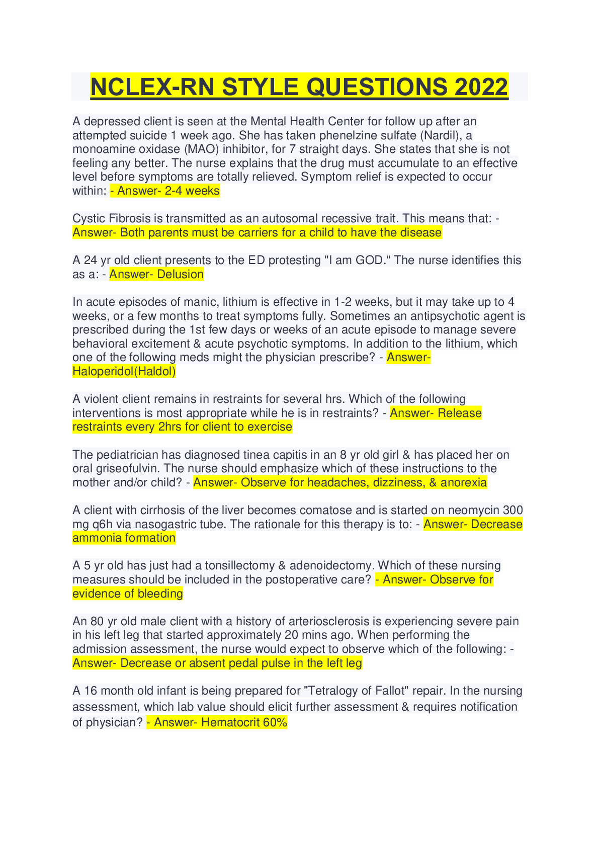 Preview image for NCLEX-RN STYLE QUESTIONS 2022